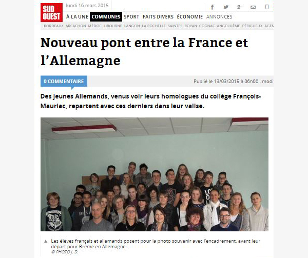 article du SUDOUEST.fr au sujet des échanges pédagogiques avec notre collège partenaire, à Brème en Allemagne