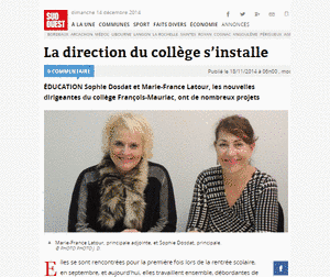 article du SUDOUEST.fr au sujet de la nouvelle équipe de direction du collège François Mauriac